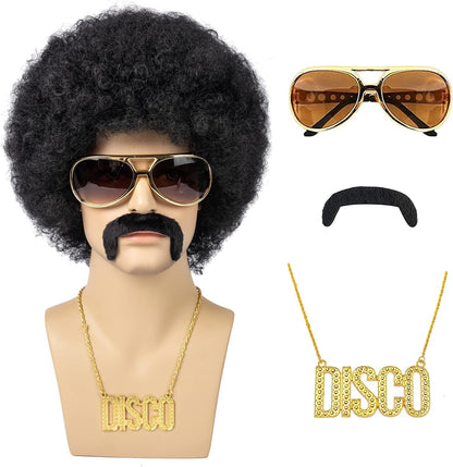 Excefore Wig Men, 4pcs Set 70'S Costumes Wig Disco Wig for Men Natural Fluffy Short Black Curly Synthetic hair Wig for Halloween Cosplay Party (Wig+ Glasses+ Necklace+ Mustache)