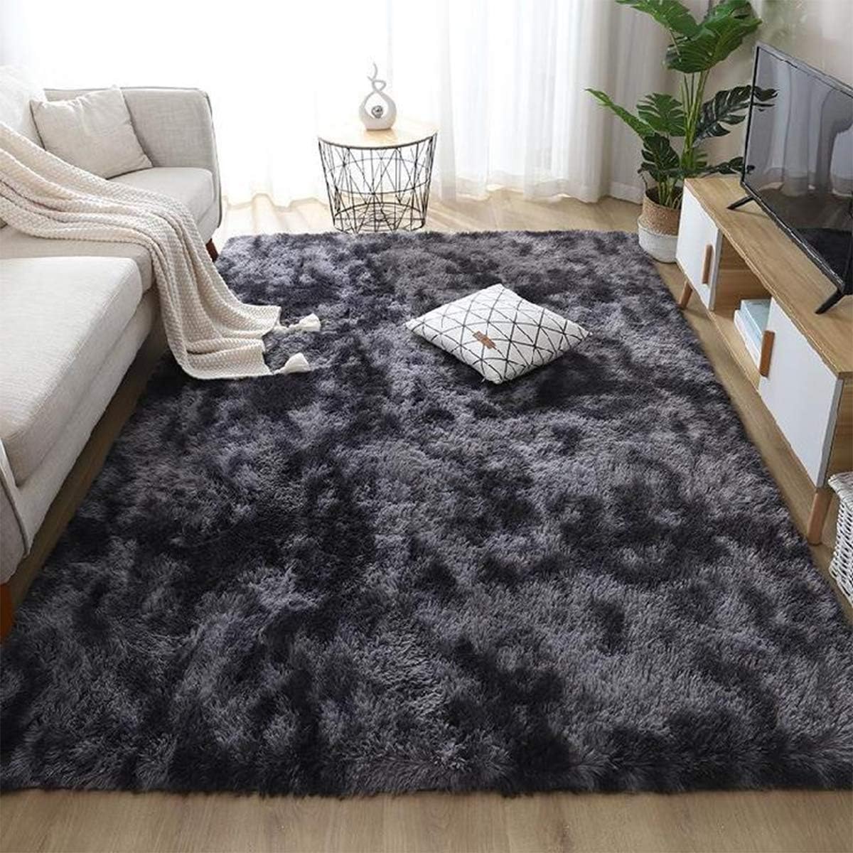 Leesentec Area Rugs Soft Fluffy Carpets For Living room Shaggy Rug Modern Area Rug For Bedroom Anti-Slip Rugs For Kids Room Indoor Home Decorative Carpet (Black Grey, 185 x 185 cm)