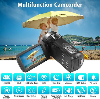 Camcordy Video Camera Camcorder,4K 56MP 60FPS,IR Night Version Flip Screen 16X Zoom WiFi,Vlog YouTube Recorder Camera with Mic Flash Lens Hood Stabilizer 2 Batteries 32BG 2.4G Remote Control Charger