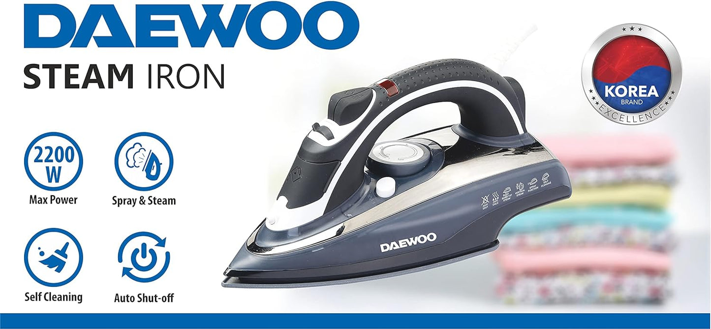 Daewoo 2200W Steam Iron With Ceramic Soleplate, Anti-Drip, Anti-Calc, Auto Shut-Off, Self Clean, Spray & Steam Function Korean Technology DSI2020G Grey - 2 Years Warranty