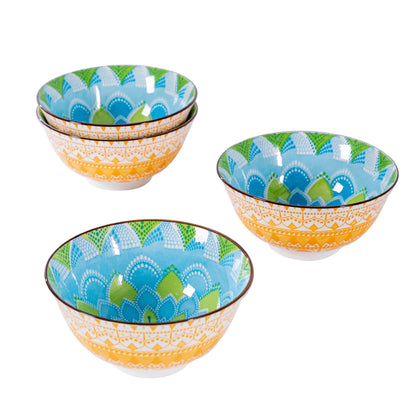 Techplus Set of 4 Geometric Pattern Ceramic Bowls – 6.25 Inch Yellow and Blue Design – Microwave, Dishwasher, Oven Safe – Perfect for Salads, Pasta, Soup – Stylish Gift for Kitchen Lovers