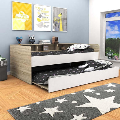 Danube Home Kinder 90X190 Day Bed With Storage Headboard & 90X190 Trundle Bed | Sturdy Modern Design Wooden Single Bed Frame Furniture | Made In Malaysia L195xW115xH74.5cm - White & Sonoma Oak