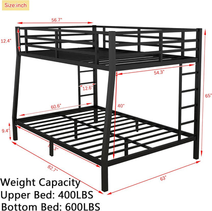 Full XL Over Queen Bunk Beds with 2 Build in Ladder and Full Length Guardrail, Heavy Duty Bunk Bed/Full XL Over Queen Bunk Bed for Adults, Teens, Kids, No Box Spring Needed(Black Full XL Over Queen)