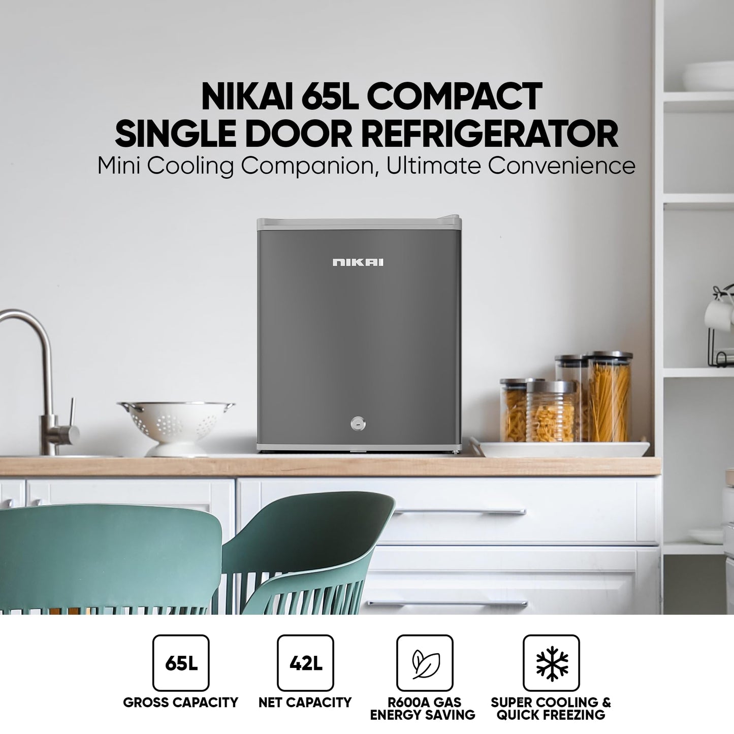 Nikai 65L Gross/42L Net, Compact Single Door Mini Refrigerator, Portable Small Size Fridge, Toughened Glass Shelves, Vegetable Crisper, Bottle Storage Racks, For Home, Office, Bedroom –NRF65N6S Silver