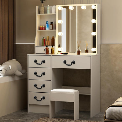 LIANWANG Dressing Table with LED Lighting, 3 Colour Temperatures, Adjustable Brightness, Dressing Table with Mirror for Make-Up, 6 Drawers, 1 Stool, 131 x 80 x 36 cm, White