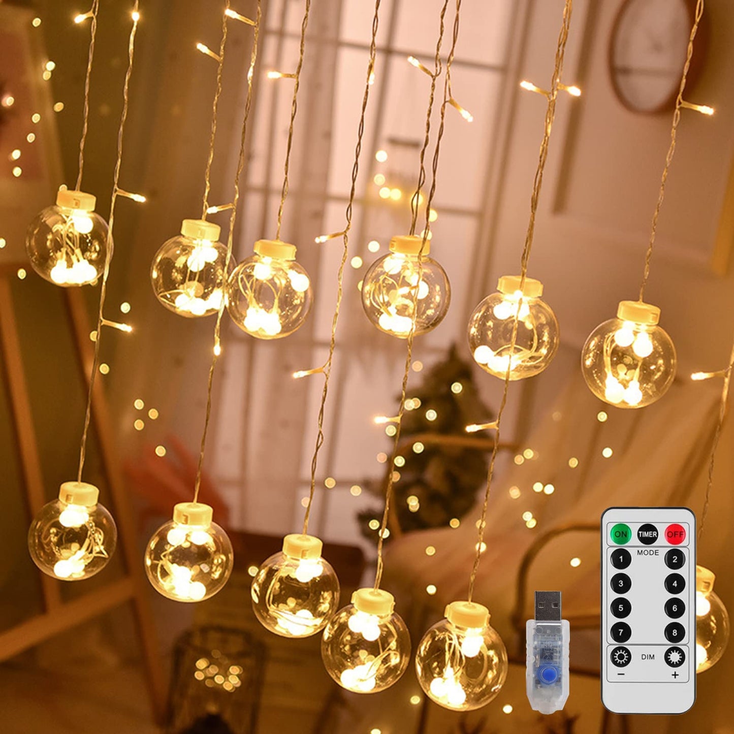 Beauenty Window Curtain String Light 300 LED 8 Modes USB Powered Waterproof Fairy String Lights Wedding Party Ramadan Home Garden Bedroom Outdoor Indoor Wall Christmas Decorations (Warm White)