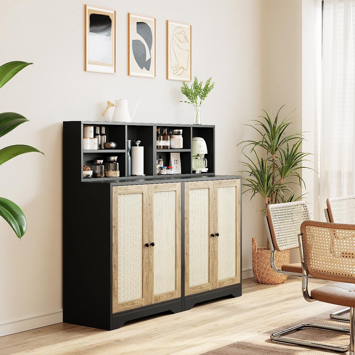 JASIWAY Sideboard - Kitchen Buffet Cabinet with Rattan Decorated Doors, Accent Sideboard Cabinet, Coffee Bar Cabinet Rattan Sideboard for Dining Room, Kitchen, Hallway, Black