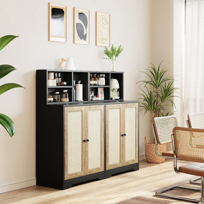 JASIWAY Sideboard - Kitchen Buffet Cabinet with Rattan Decorated Doors, Accent Sideboard Cabinet, Coffee Bar Cabinet Rattan Sideboard for Dining Room, Kitchen, Hallway, Black