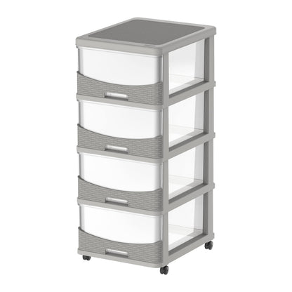 Cosmoplast Cedarattan 4 Tiers Storage Cabinet With Wheels, Grey With Translucent Drawers