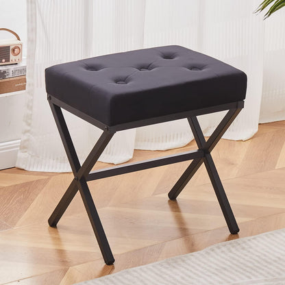 Cpintltr Ottoman Foot Stool Tufted Vanity Stool Ottomans Thickened Cushion Footstool Mulifunctional Shoe Changing Seat Step Stools with Metal X Leg for Living Room Bedroom Faux Leather Black