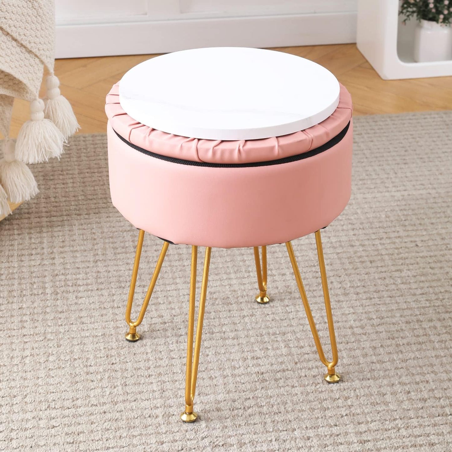 Cpintltr Faux Leather Storage Ottoman Round Footrest Stool Multifunctional Upholstered Ottoman with Metal Legs Modern Vanity Stools Tray Top Coffee Table Suitable for Living Room Bedroom Black