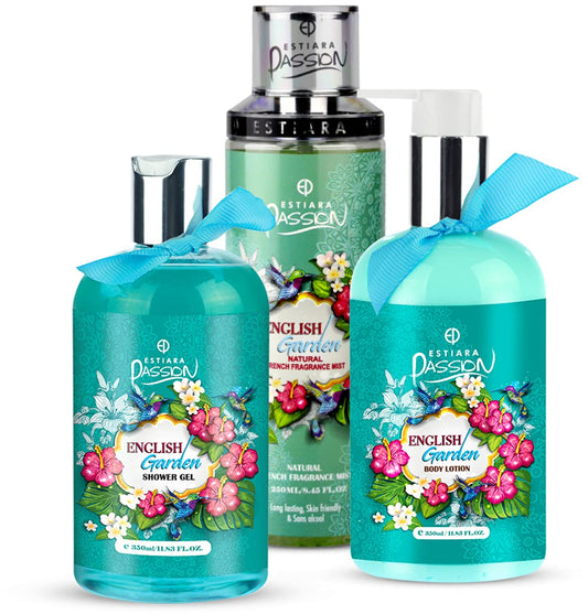 Estiara Passion English Garden Bath & Body 3 Piece Gift Set for Unisex - English Garden Body Lotion 350ML - English Garden Shower Gel 350ML - English Garden French Fragrance Mist 250ML Long Lasting