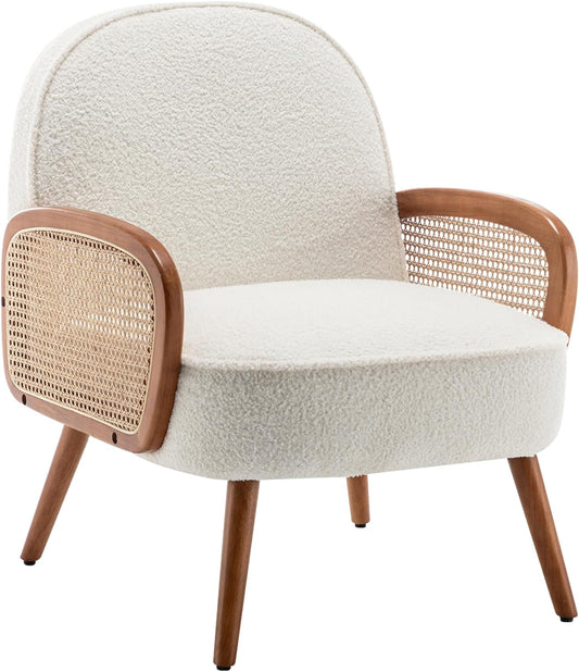 Aklaus Mid Century Modern Accent Chair Armchair with Rattan Arms Upholstered Rattan Hobo Accent Chairs for Living Room Bedroom Balcony Sherpa Teddy Fabric Reading Chairs Side Club Chair White