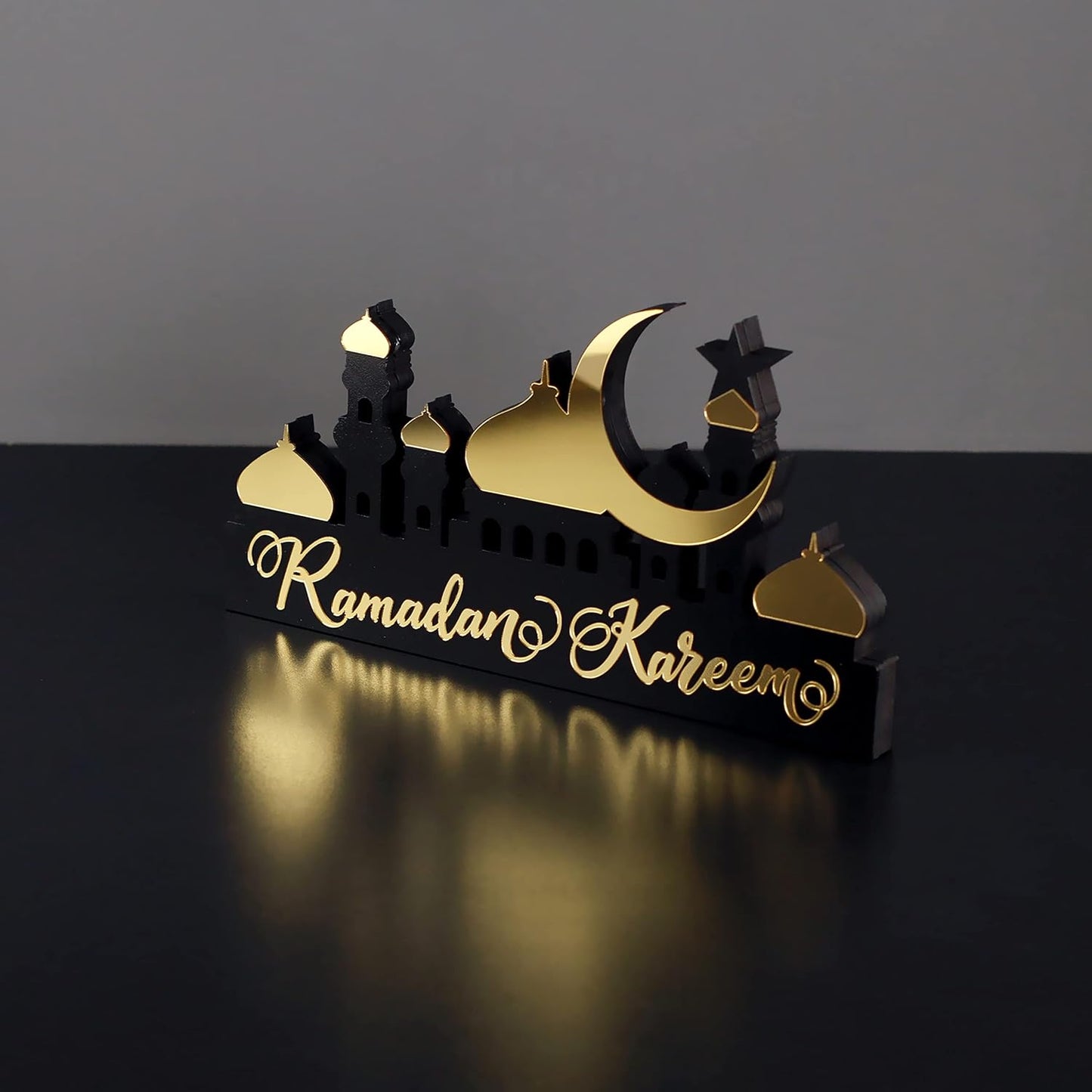 E World | Wooden Acrylic Islamic Tabletop Decors | Ramadan Kareem and Eid Mubarak Decoration | Islamic Muslim Gifts | Ramadan Eid Decoration | (Ramadan Kareem-1, Gold)