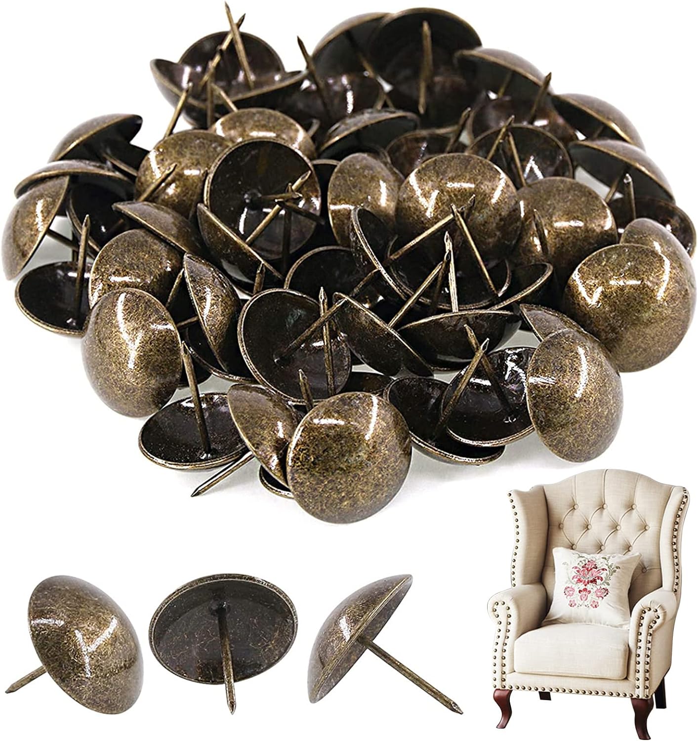 Rustark 200-Pcs 3/4'' (19×21mm) Antique Upholstery Decorative Tacks Furniture Sofa Thumb Tacks Nails Pins Assortment Kit for Upholstered Furniture Cork Board - Bronze