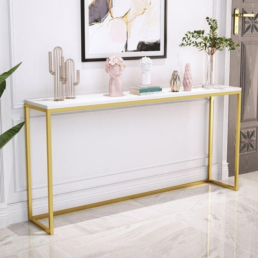 Beauenty Gold Console Table, Glass Sofa Tables, Modern Open Hallway Table, Narrow Entryway Table, Slim Accent Porch Table, Couch Side Table with Golden Metal Frame, Easy Assembly (white)