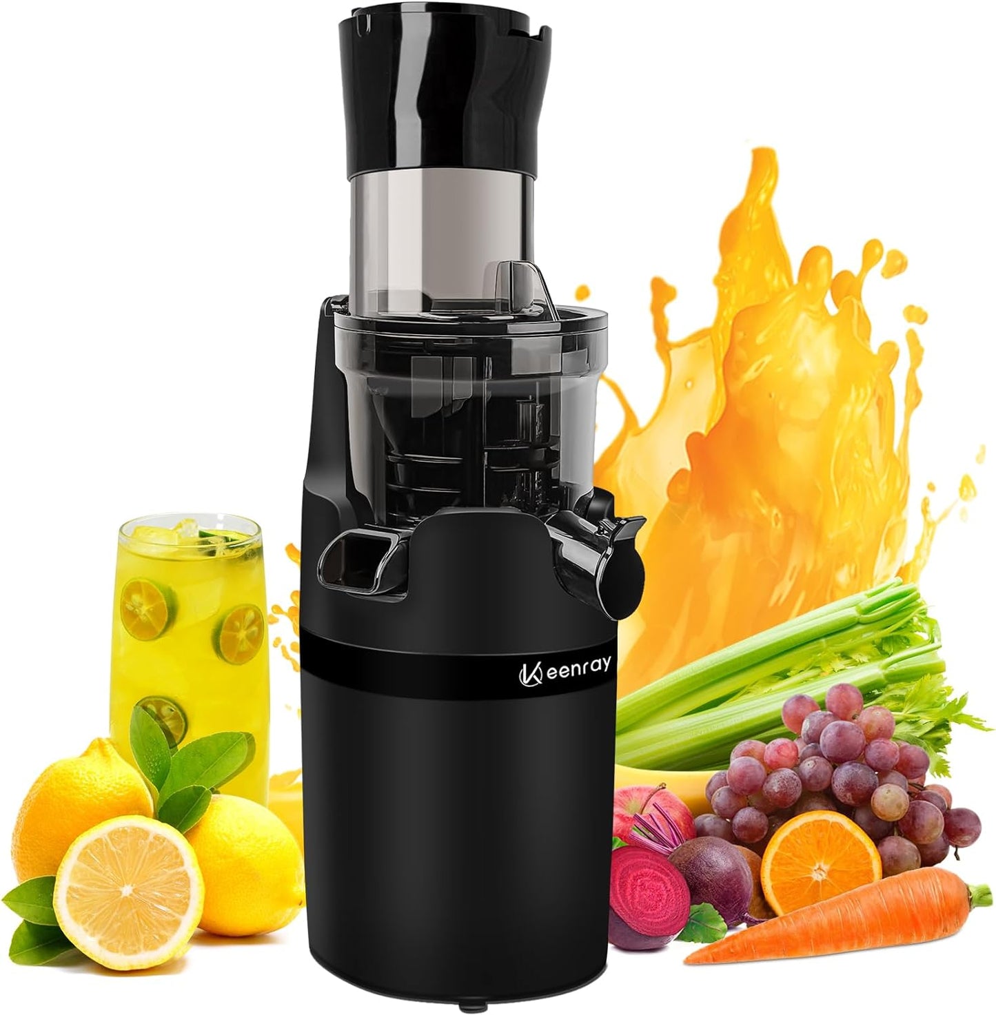 Keenray Juicer Machine, Masticating Slow Juicer for Whole Fruits, Cold Press Juicer with Wide Mouth 80mm Feeding Chute, Reverse Function Quiet Motor Fresh Healthy Juice Extractor (Black)