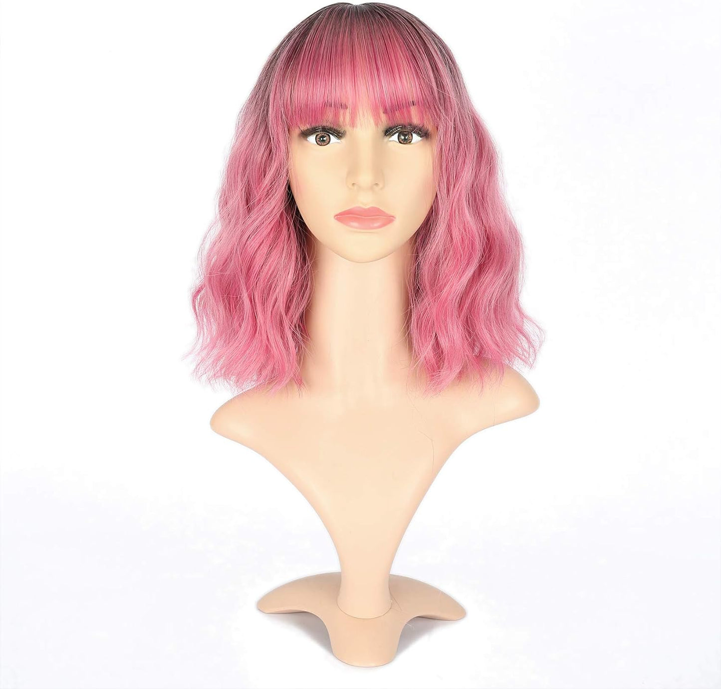 VCKOVCKO Ombre Color Natural Wavy Bob Wig With Air Bangs Short Bob Wigs Women's Shoulder Length Wigs Black to Pink Purple Curly Wavy Synthetic Cosplay for Girl Colorful Wigs(12",Black to WineRed)