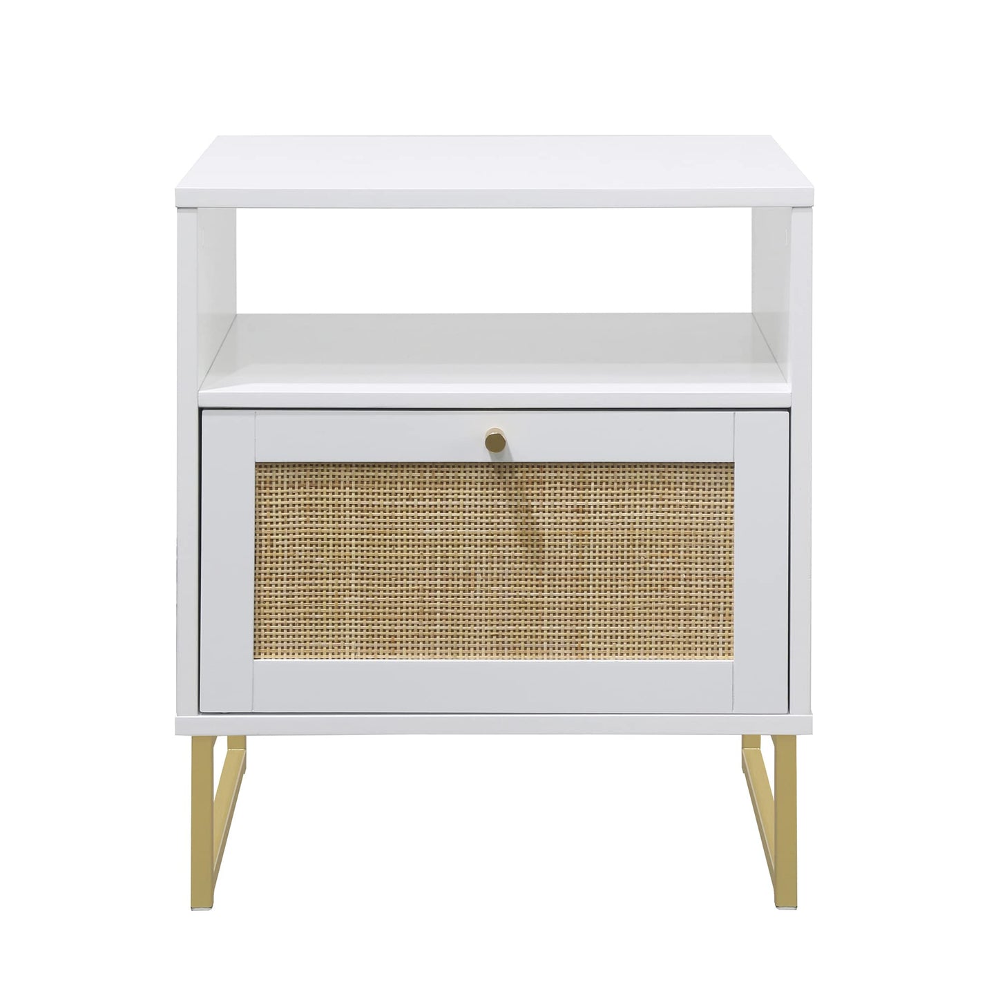 bpa 33203 Side, End or Accent Table in a Matte Finish & Brass Legs with Natural Rattan Storage Door for Living Room or Nightstand for Bedroom, White/Gold