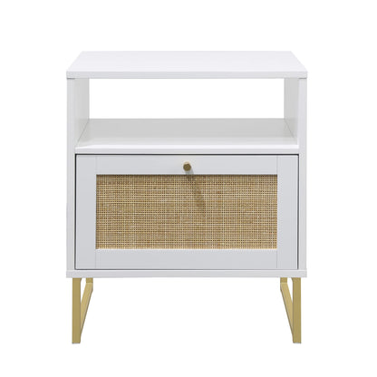 bpa 33203 Side, End or Accent Table in a Matte Finish & Brass Legs with Natural Rattan Storage Door for Living Room or Nightstand for Bedroom, White/Gold