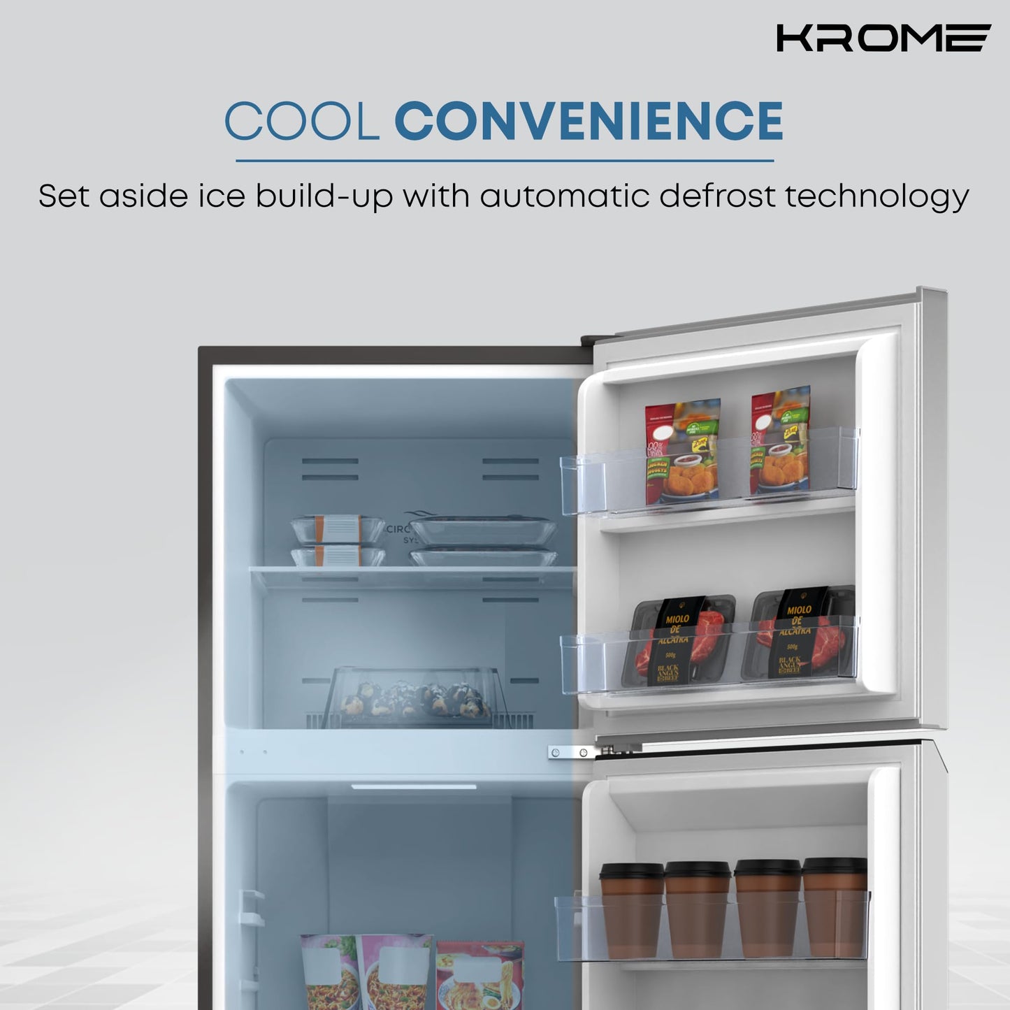 KROME 365L Gross Top Mount Double Door Refrigerator, Automatic Defrost Freezer, Rapid Freezing, A+ Energy, Ample Size with Maximum Capacity, Silver, 10 Year Compressor Warranty-KR-REF 365TS