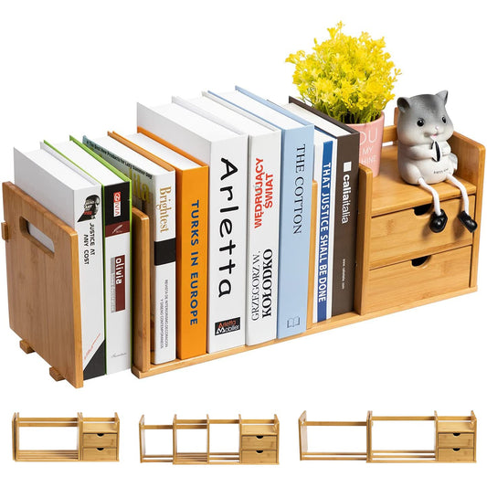 Expandable Desktop Bookshelf, Adjustable Bamboo Desk Storage Organizer with 2 Drawers Tabletop Bookcase Desk Display Shelf Rack Book Office Supplies for Home Tabletop Dormitory