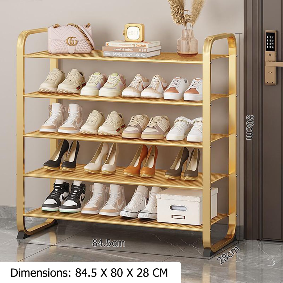 Golden Shoe Rack, Metal Shoes Stand, Shoe Cabinet, Free Standing Rake, Entryway Shoe Organizer Shelf, Multi-Function Storage Organizer, Boots Storage Shelf for Home, House, Office Furniture (Gold)