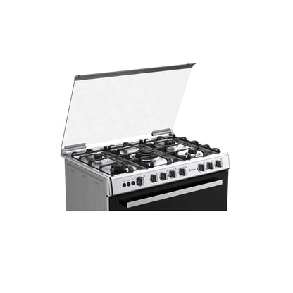 Midea 90x60cm Freestanding Cooker, Full Gas Cooking Range with 5 Burners, Automatic Ignition & Full Safety, Cast Iron Pan Support, Stainless Steel Finish, Separate Knob for Oven & Grill, LME95028FFD