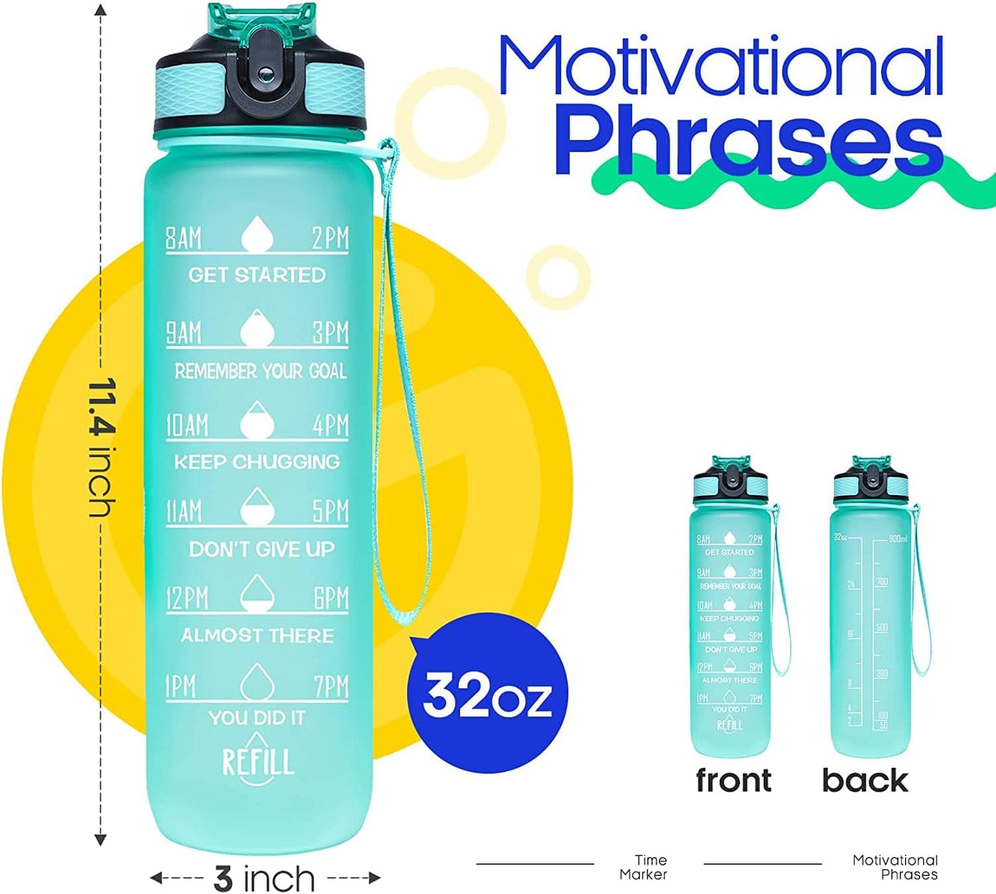 Illys Plastic Water Bottle, 1L / 32oz with Motivational Time Marker (Multi colour)