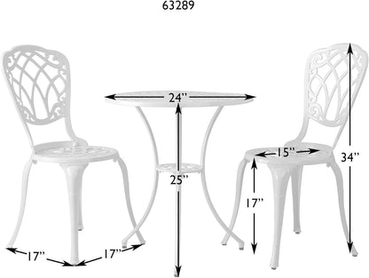 Balkene Home 63289 Palisade Bistro Set with 24" Dia. Round Table & 2 Chairs, Cast Aluminum Construction Lightweight for Easy Mobility 3-Piece Bistro Set - Gloss White Finish