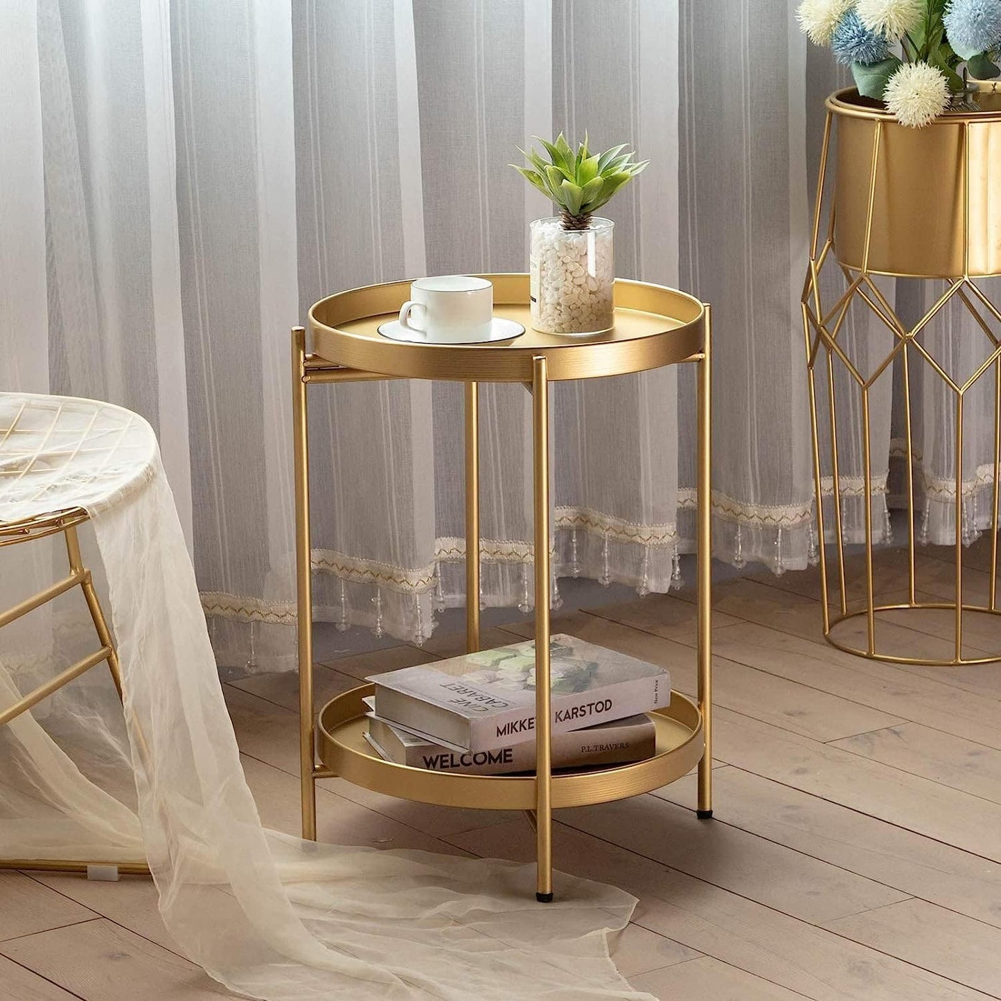 Toworld Gold End Table, 2 Tier Folding Round Metal Side Table Removable Tray, Small Coffee Accent Table for Living Room, Circle Sofa Side Snack Table, Nightstand Bedroom, Great for Indoor & Outdoor