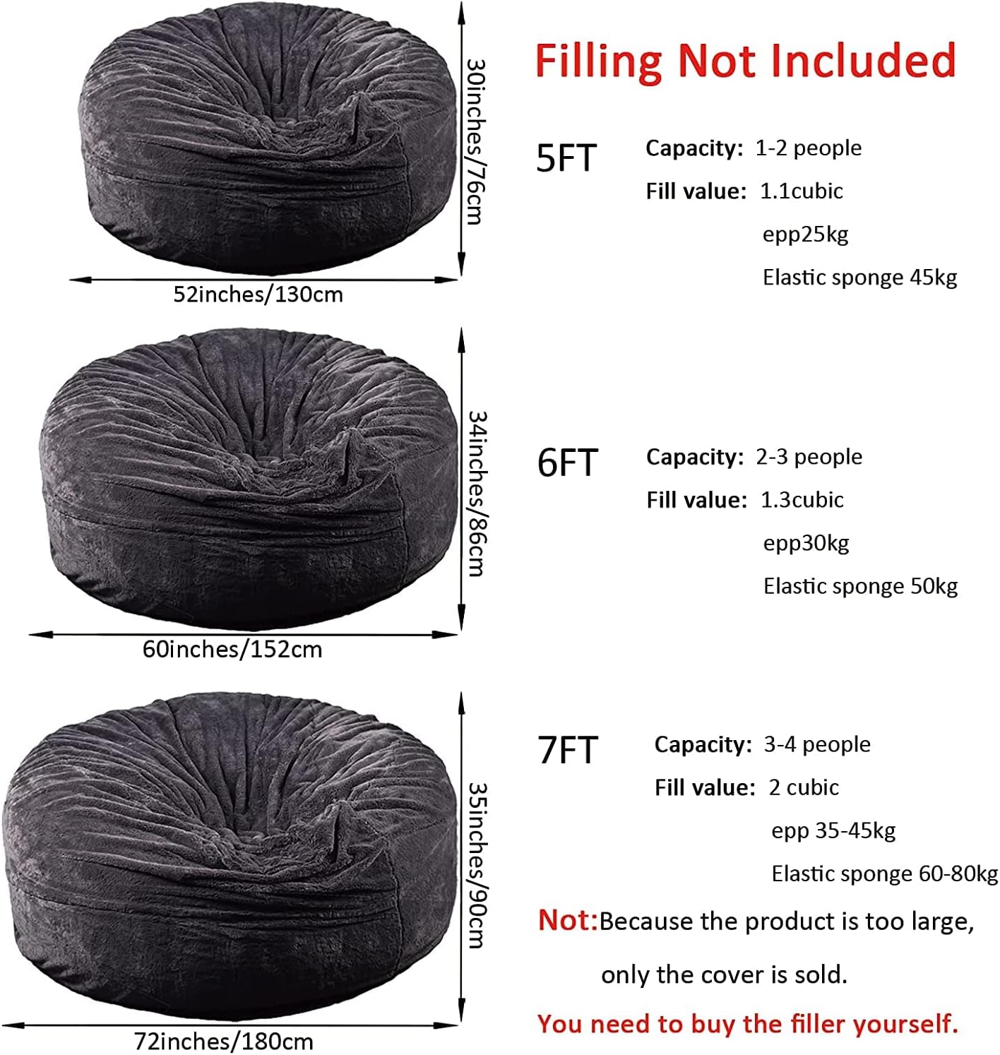 EKWQ Bean Bag,Big Huge Giant Bean Bag Chair for Adults, (No Filler) Bean Bag Chair for Adults Kids Comfy Fluffy Giant Round Beanbag Lazy Sofa Cover- Machine Washable Covers, Double Stitched Seams