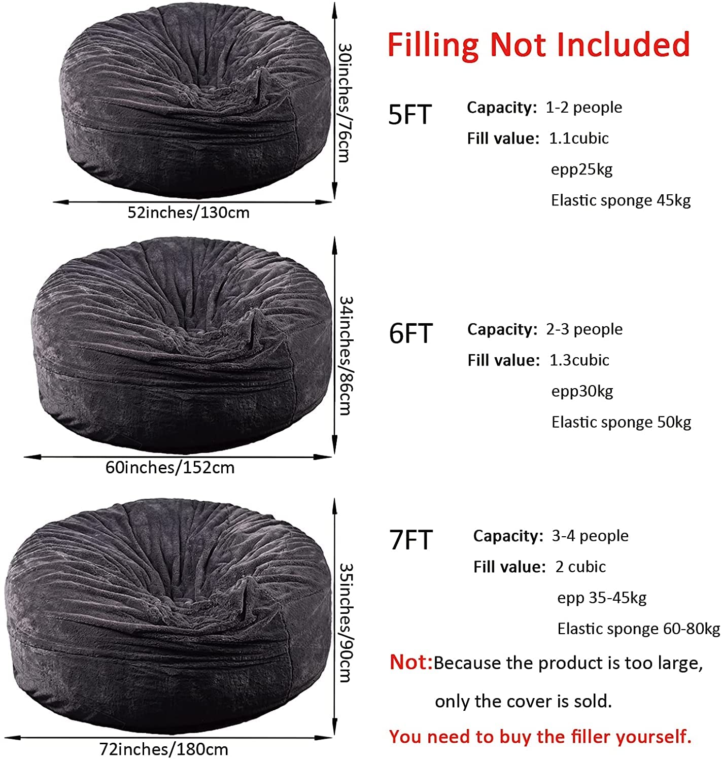 EKWQ Bean Bag,Big Huge Giant Bean Bag Chair for Adults, (No Filler) Bean Bag Chair for Adults Kids Comfy Fluffy Giant Round Beanbag Lazy Sofa Cover- Machine Washable Covers, Double Stitched Seams