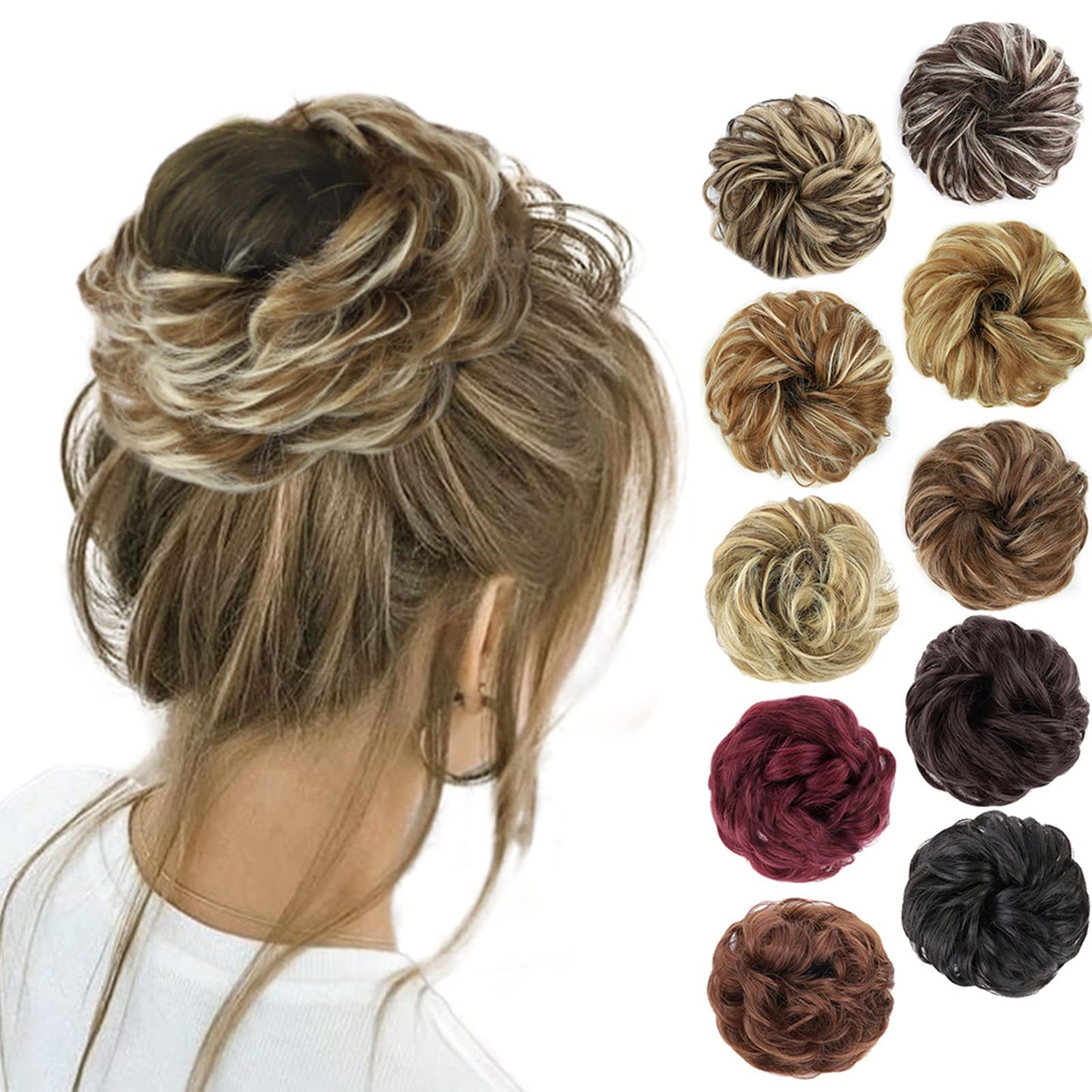 MORICA 1PCS Messy Hair Bun Hair Scrunchies Extension Curly Wavy Messy Synthetic Chignon for Women (12AH613(Light Golden Brown & Lightest Blonde))