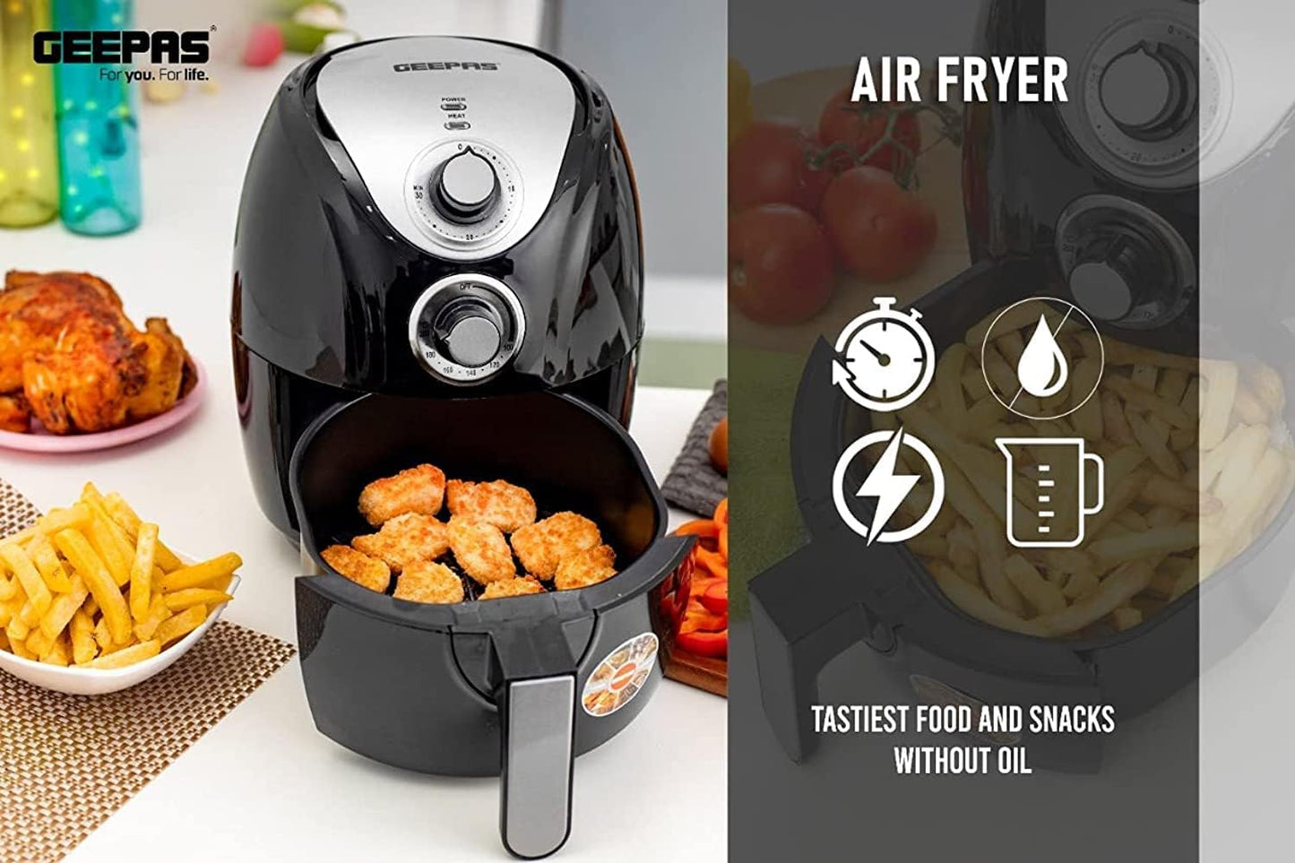 Geepas 2.5L Capacity Air fryer |1300W Air Fryer With Rapid Air Circulation System|Black"Min-1 year manufacturer warranty"-GAF37521