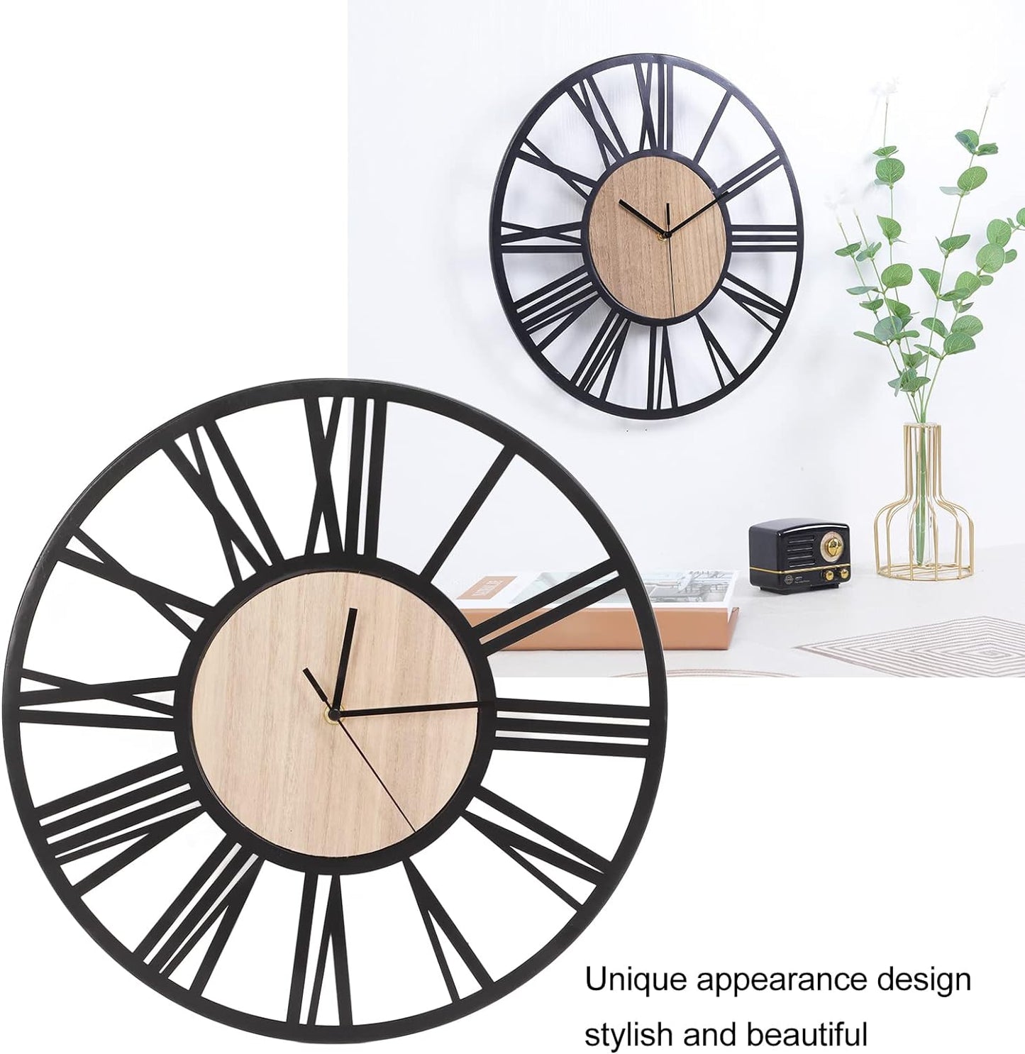 Nordic Wall Clock Modern Design, Large Hanging Clock Circular Iron Silent Wall Clock, Wall Clock Roman Numerals Decoration for Home Living Room Dining Room Office, 15.7in Dia