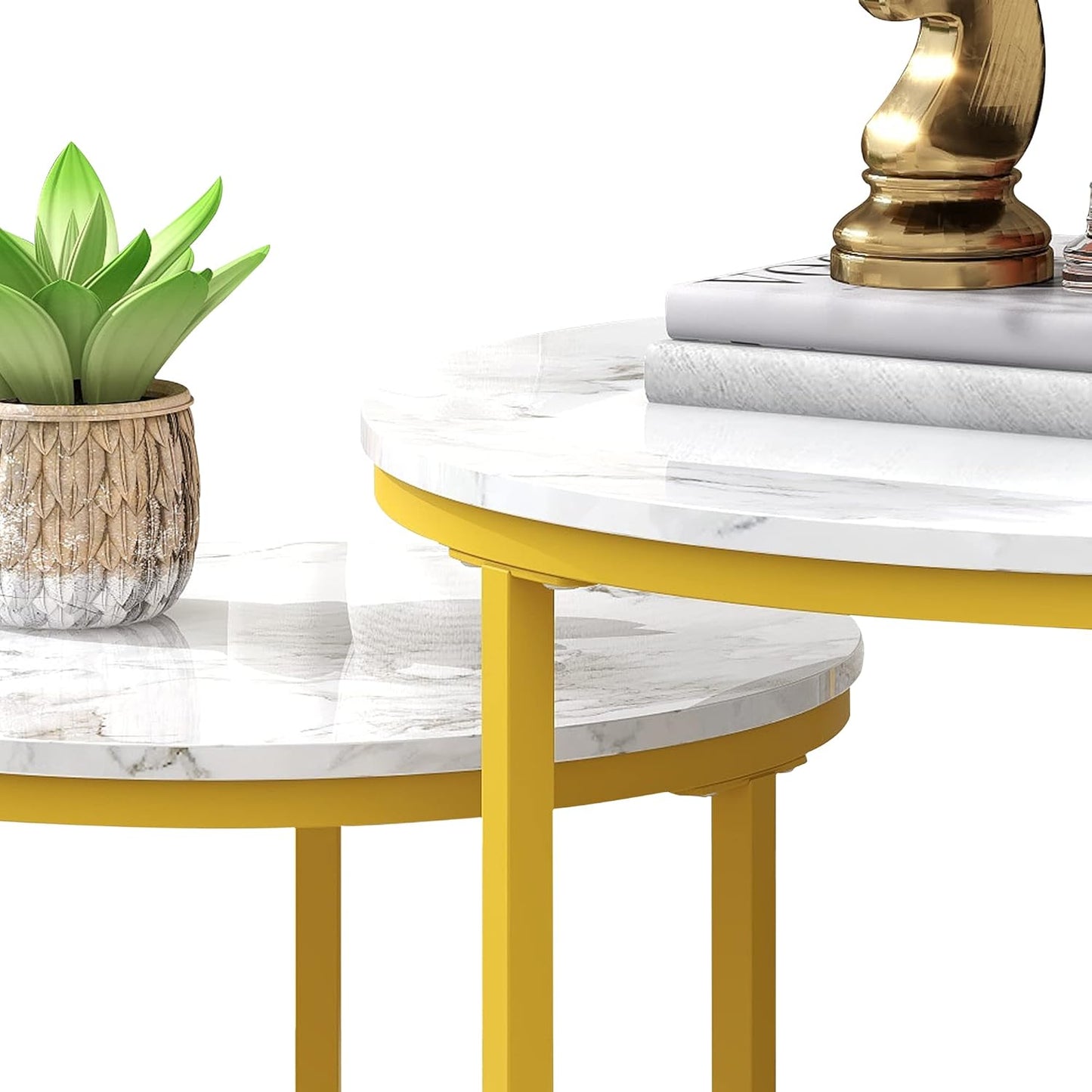 ARFARLY Round Coffee Table Set of 2 End Tables for Living Room, Nesting Coffee Table Wooden Accent Furniture with Golden Metal Frame,Stacking Side Tables