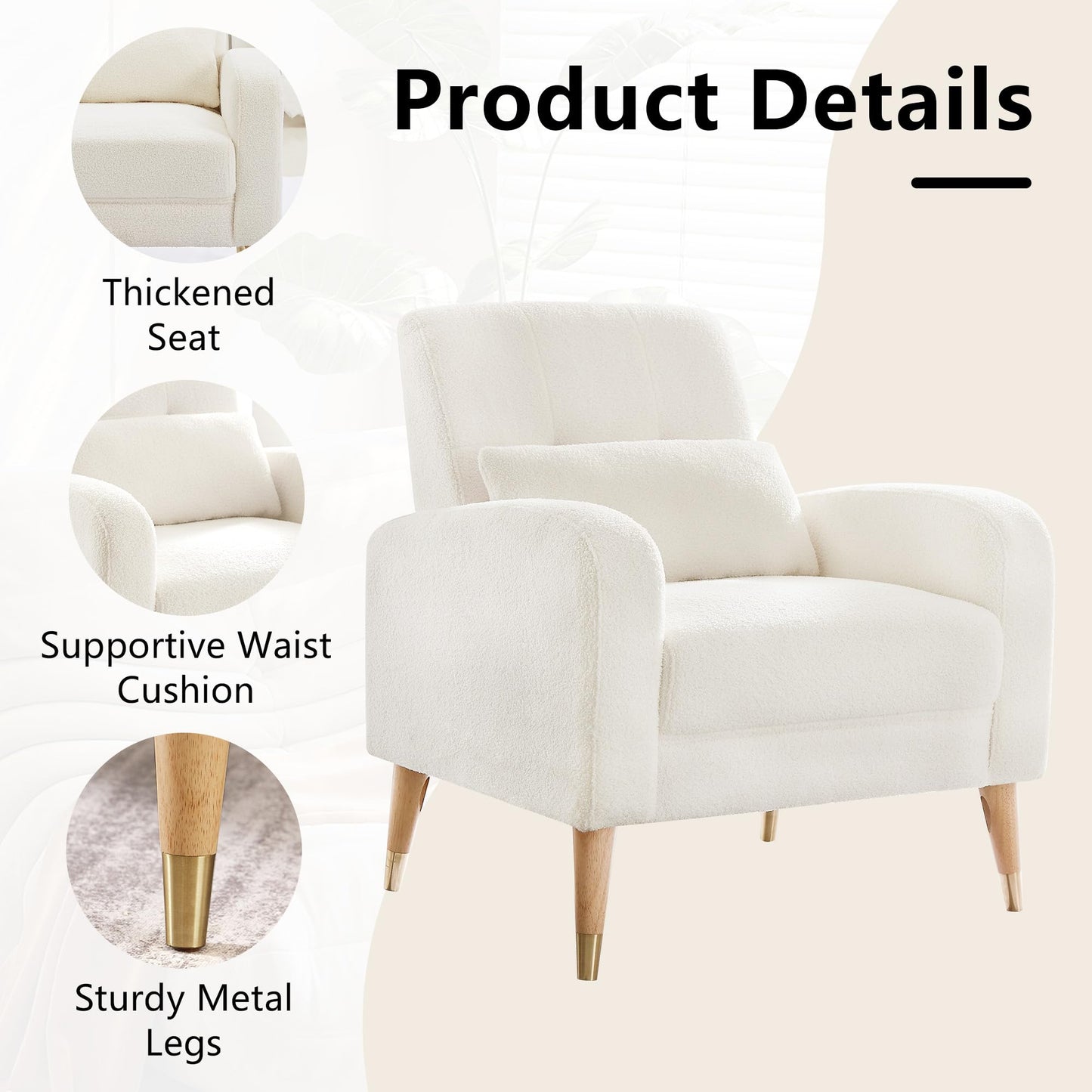 Dolonm Mid-Century Modern Accent Chair, Upholstered Armchair Living Room Chair, Comfy Single Sofa Chair with Sturdy Legs, Polyester Fabric Chair for Living Room Bedroom, White