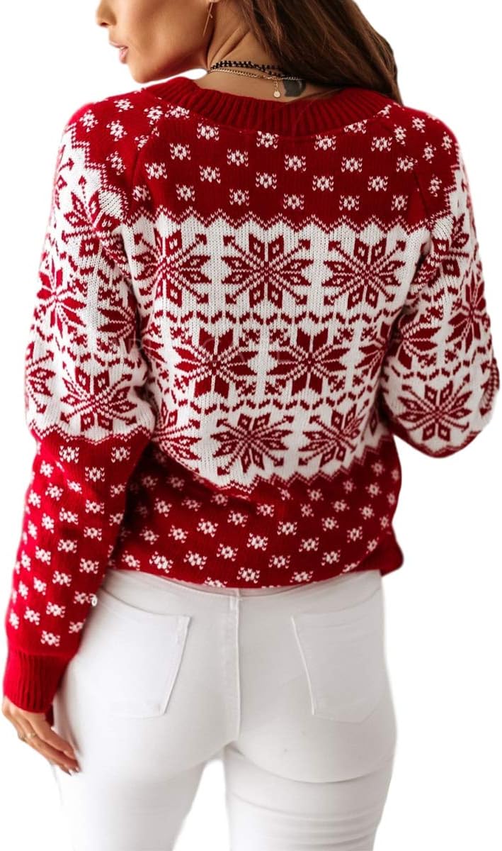 Women Sweater Christmas Oversized Pullover Sweaters Reindeer Snowflake Graphic Long Sleeve Crew Neck Knit Tops