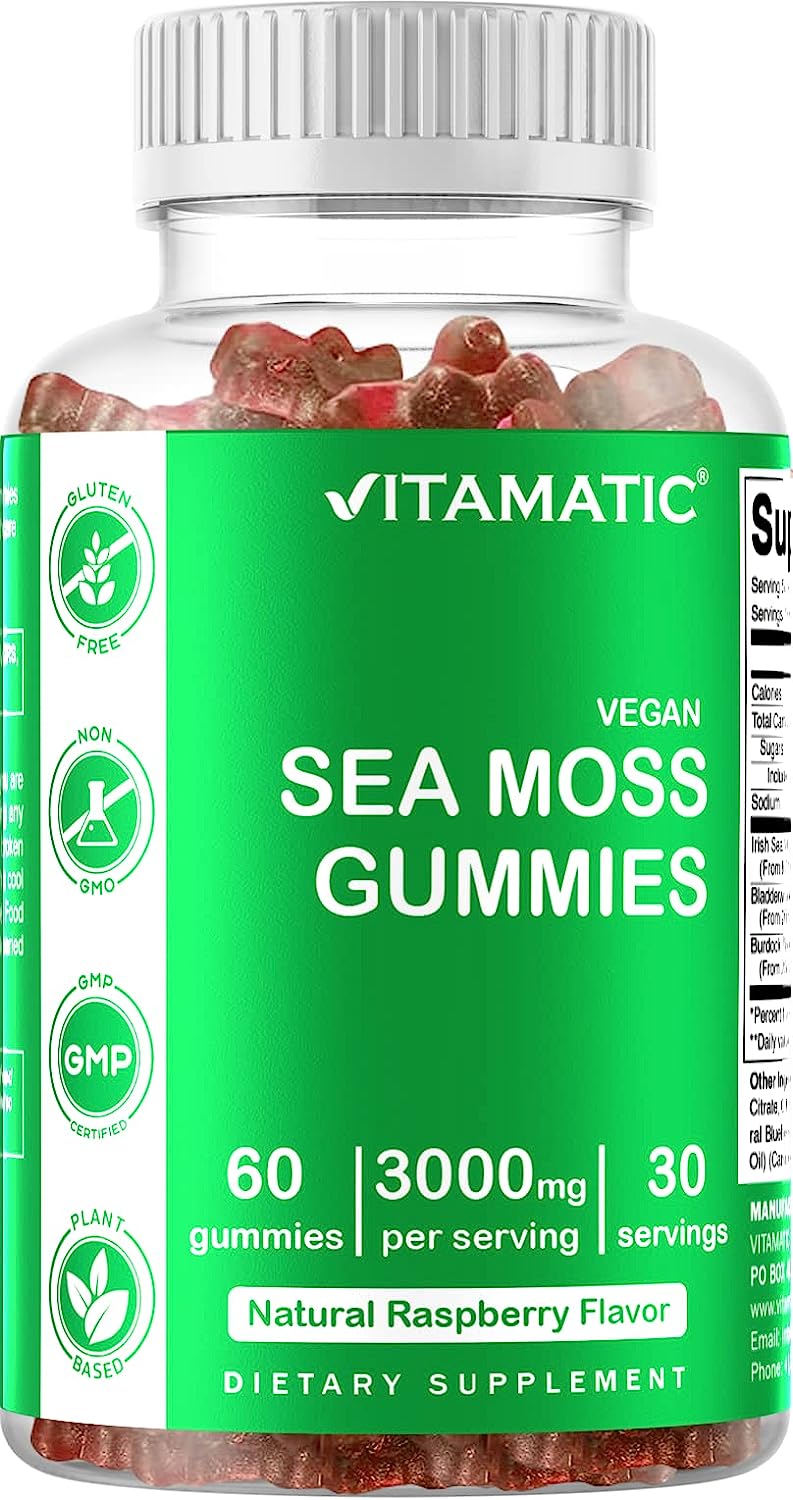 Vitamatic Irish Sea Moss Gummies - 3000 mg - 60 Vegan Gummies - Made with Bladderwrack & Burdock Root - Seamoss Supplement for Thyroid, Energy, Immune Support (60 Gummies (Pack of 1))