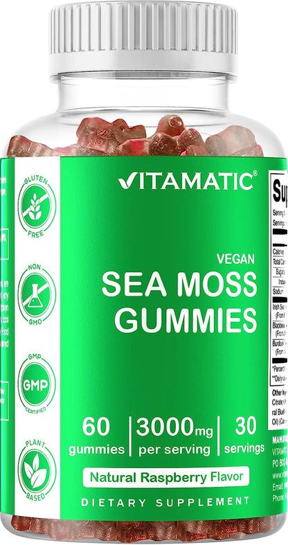 Vitamatic Irish Sea Moss Gummies - 3000 mg - 60 Vegan Gummies - Made with Bladderwrack & Burdock Root - Seamoss Supplement for Thyroid, Energy, Immune Support (60 Gummies (Pack of 1))