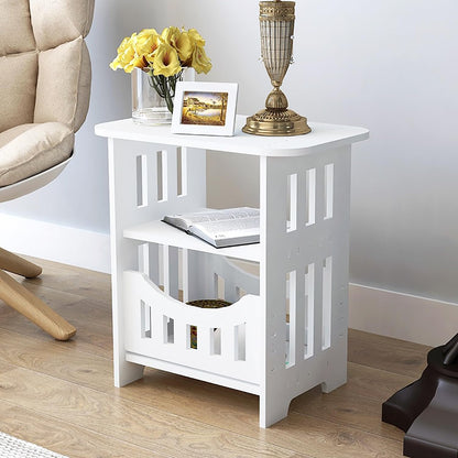 SPNOR End Table with Storage Shelf Basket, Small White Narrow Bedside Table, Modern Slim Coffee Tables Small Spaces, White Nightstand, Sofa Table for Living Room, Bedroom, Bathroom, Office Furniture