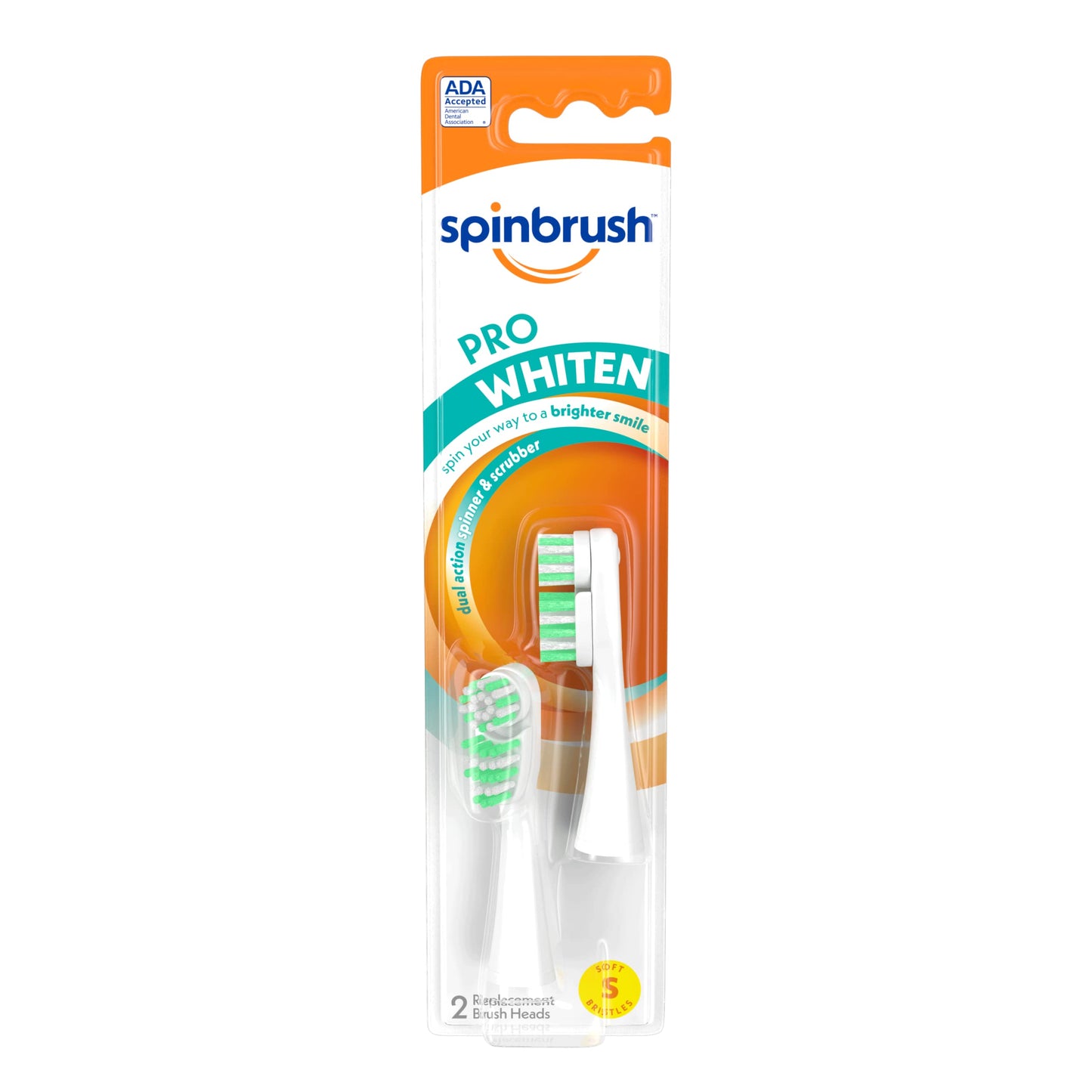 Spinbrush Pro Whiten Replacement Heads, Soft Bristles, For Battery Toothbrush, 2 Count (Pack of 1)