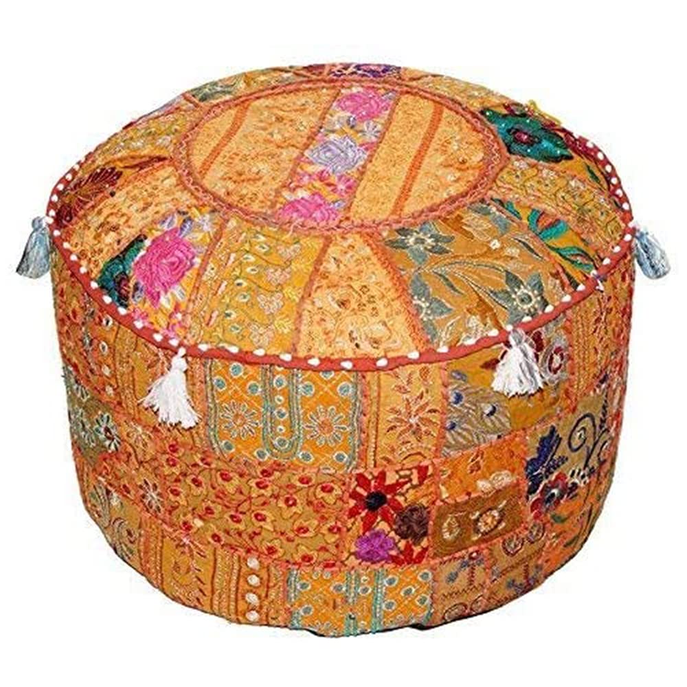 Aakriti Gallery Indian Pouf Footstool Ethnic Embroidered Pouf Cover, Indian Cotton Round Pouffe Ottoman Pouf Cover Pillow Ethnic Decor Art - Cover Only (Yellow, 18x13)