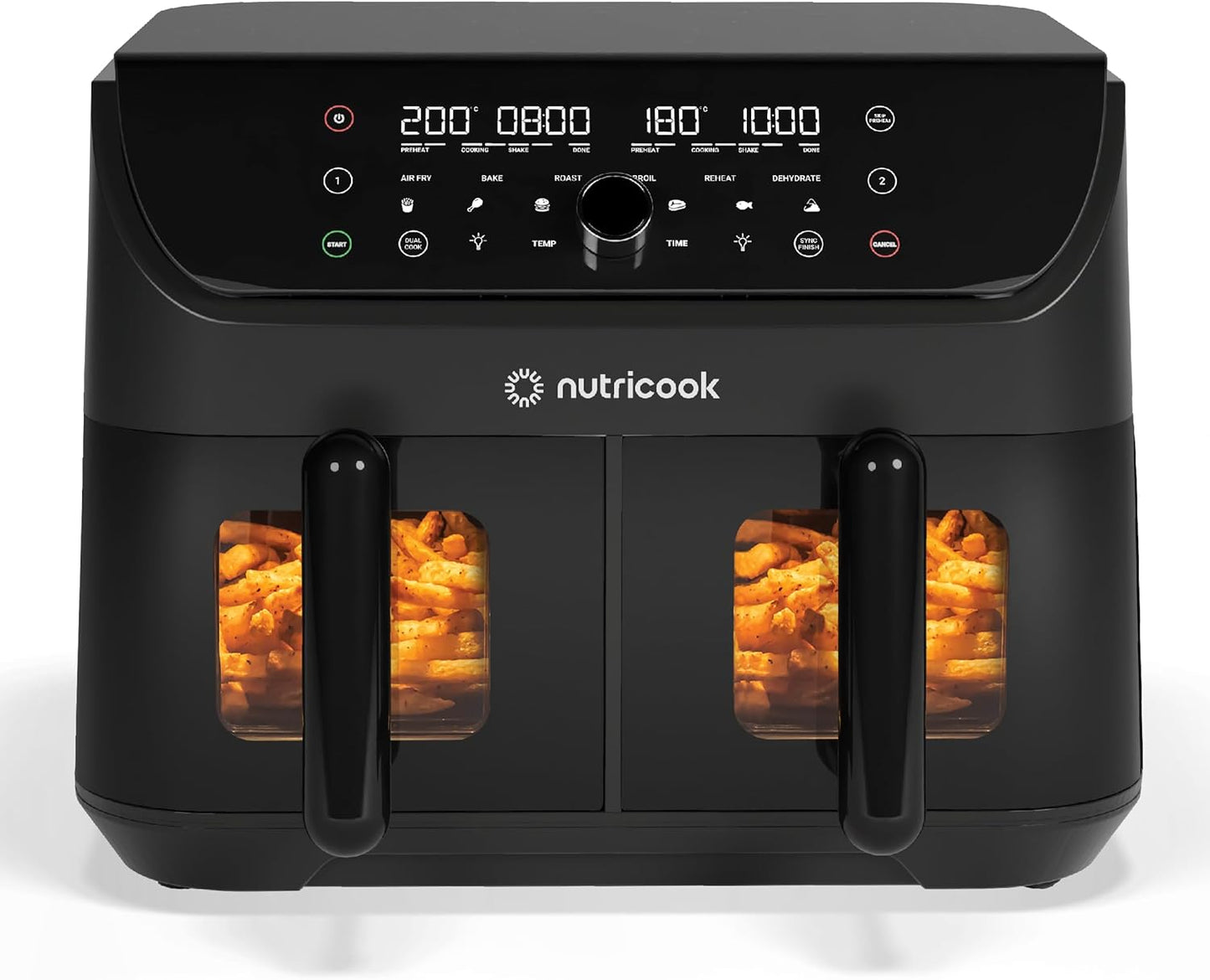 Nutricook Air Fryer Duo 2 by Caliber Brands, 8.5L Independently Controlled Dual Baskets, Air Fry, Bake, Roast, Broil, Reheat & Dehydrate, 6 Presets, AFD185, Black, 2400 Watts, 2 Year Warranty