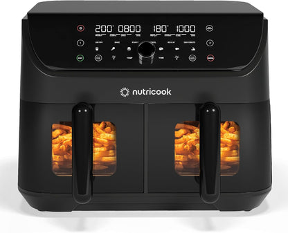 Nutricook Air Fryer Duo 2 by Caliber Brands, 8.5L Independently Controlled Dual Baskets, Air Fry, Bake, Roast, Broil, Reheat & Dehydrate, 6 Presets, AFD185, Black, 2400 Watts, 2 Year Warranty