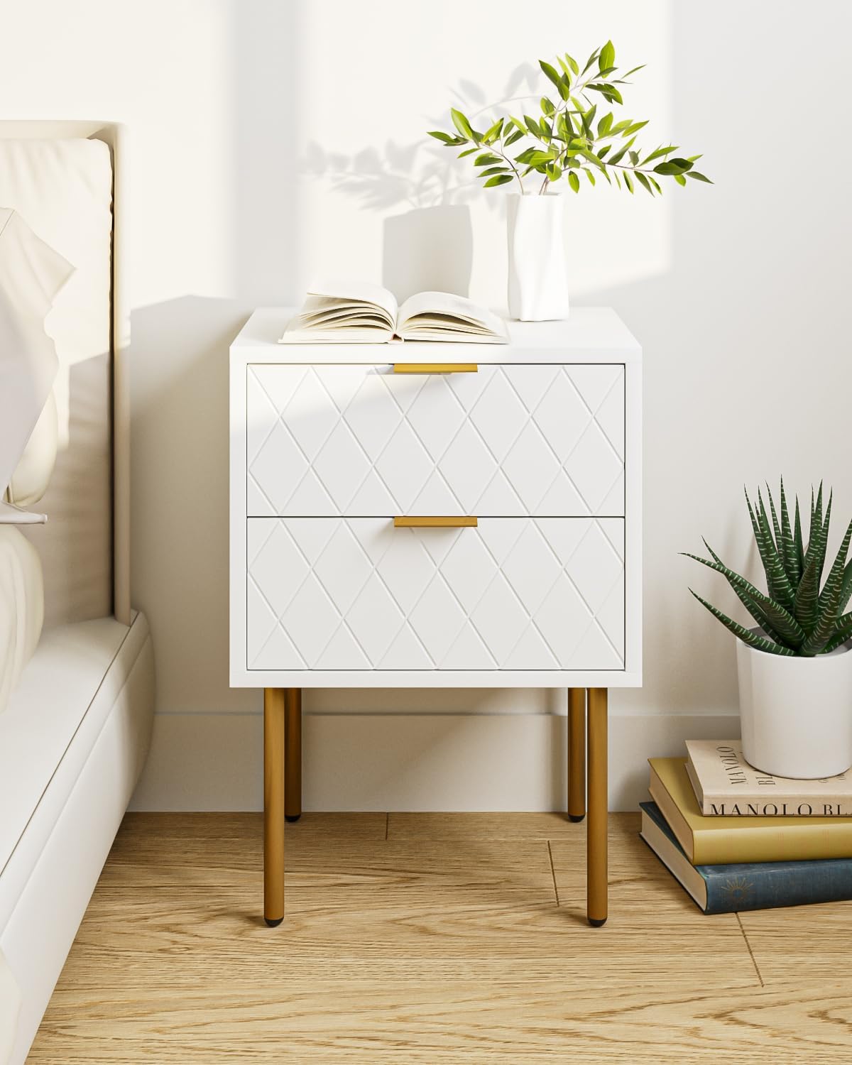 Aobafuir Nightstand, 2 Drawer Dresser for Bedroom, Small Side Table with 2 Drawers, Bedside Furniture, Night Stand, End Table with Gold Frame for Bedroom, Living Room, White Stripe