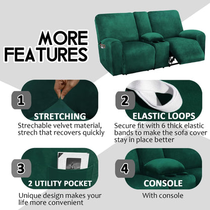 ULTICOR Reclining Loveseat with Middle Console Slipcover, 8-Piece Velvet Stretch Loveseat Reclining Sofa Covers, 2 seat Loveseat Recliner Cover, Thick, Soft, Washable, Loveseat Slipcovers (Dark Grey)