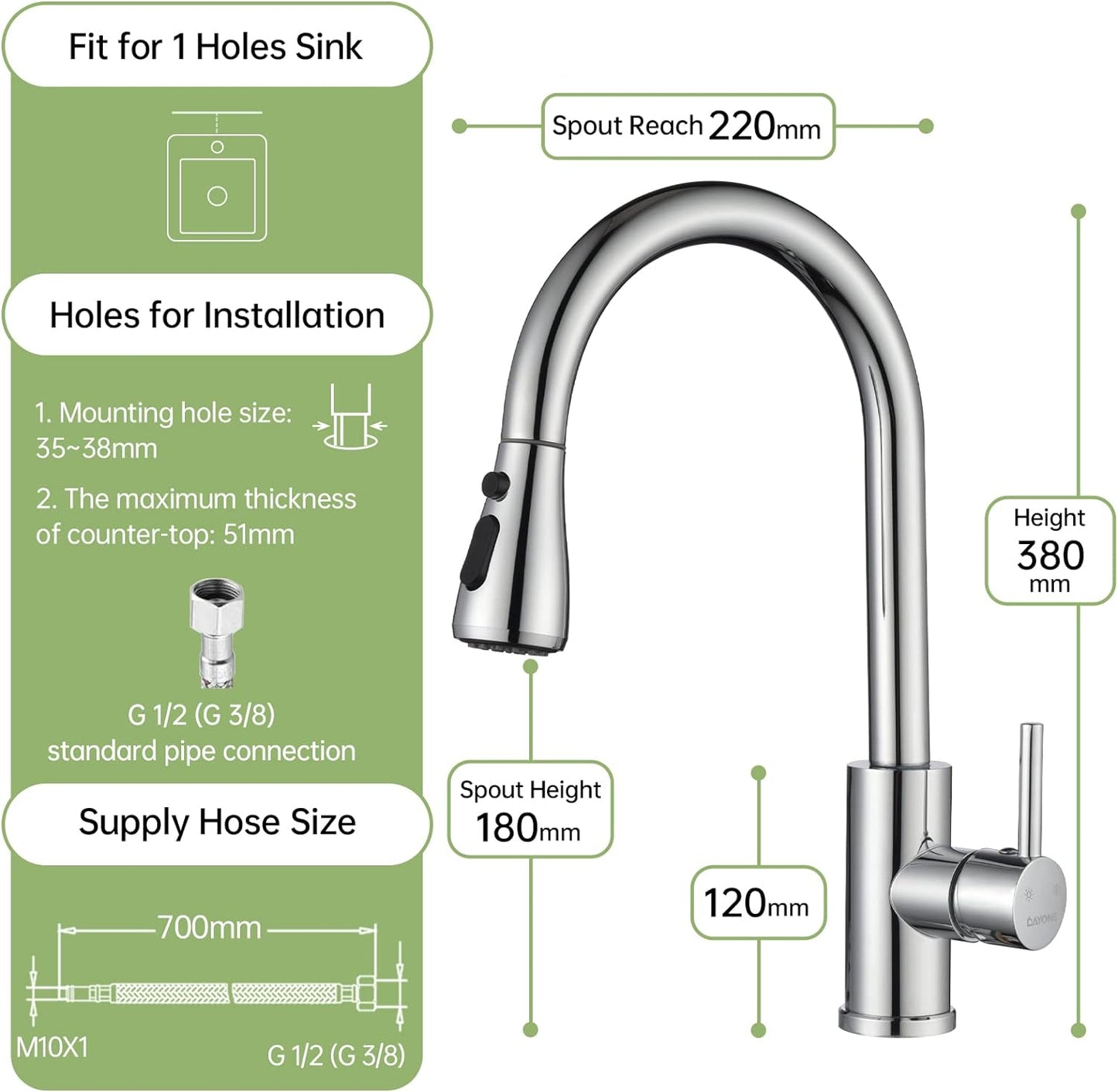 DAYONE Chrome Kitchen Faucet with Pull Down Sprayer, Single Handle Kitchen Mixer with 3 Water Modes Stainless Steel Kitchen Taps