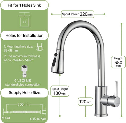 DAYONE Chrome Kitchen Faucet with Pull Down Sprayer, Single Handle Kitchen Mixer with 3 Water Modes Stainless Steel Kitchen Taps